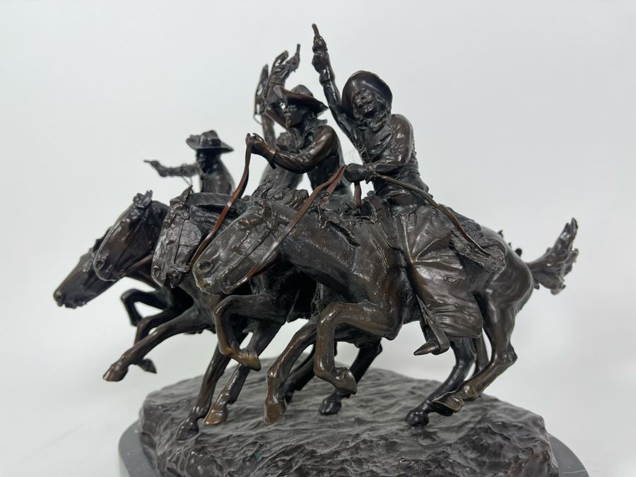 Frederic Remington Bronze Statue On Cracked Marble Base From Collectors