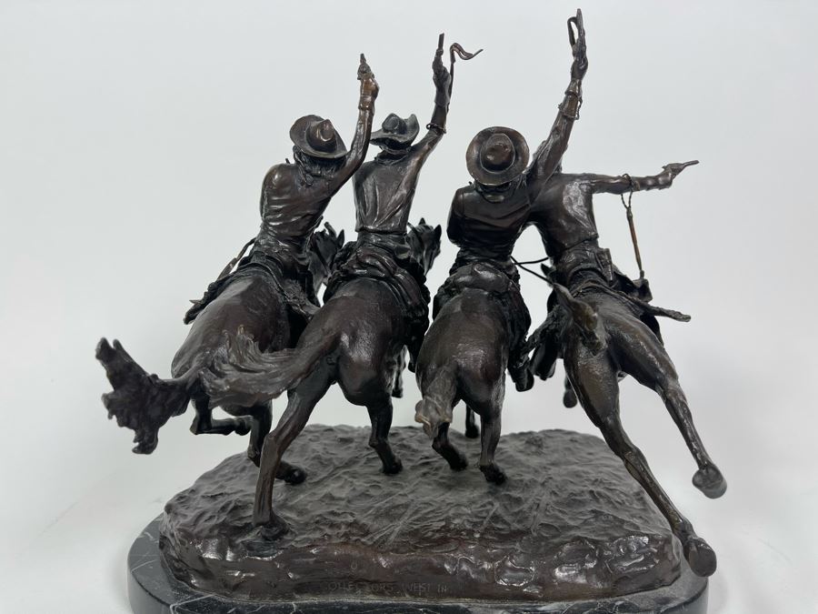 Frederic Remington Bronze Statue On Cracked Marble Base From Collectors West Inc Titled 'Coming Through The Rye' Cowboys Riding Horses 11W X 10D X 10.5H (Heavy) [Photo 18]