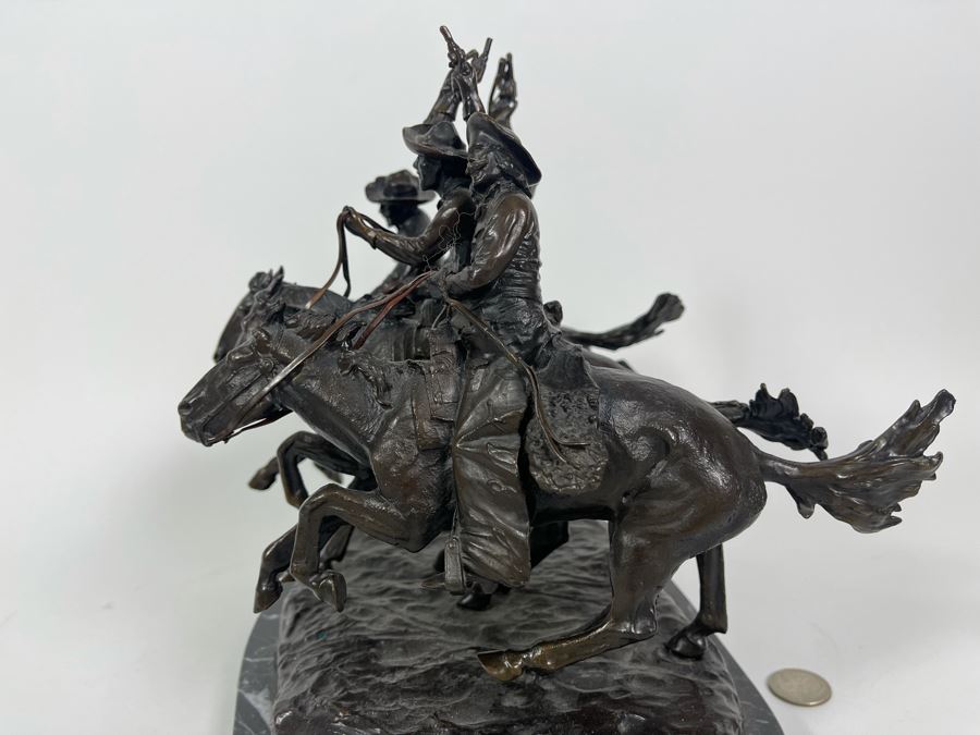 Frederic Remington Bronze Statue On Cracked Marble Base From Collectors West Inc Titled 'Coming Through The Rye' Cowboys Riding Horses 11W X 10D X 10.5H (Heavy) [Photo 16]