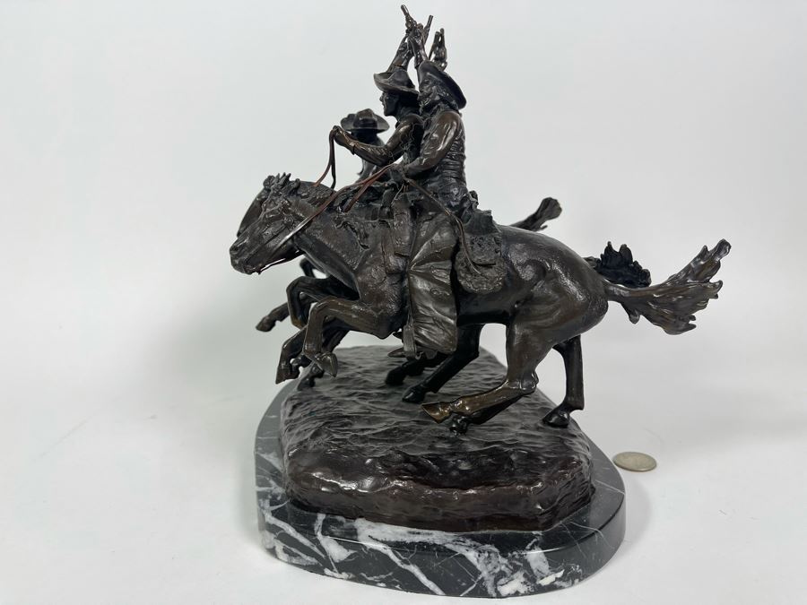 Frederic Remington Bronze Statue On Cracked Marble Base From Collectors West Inc Titled 'Coming Through The Rye' Cowboys Riding Horses 11W X 10D X 10.5H (Heavy) [Photo 15]
