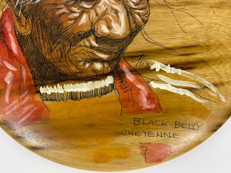Vintage Original Native American Painting Of Black Belly Cheyenne On Oregon Myrtlewood Round Plaque 8R [Photo 4]