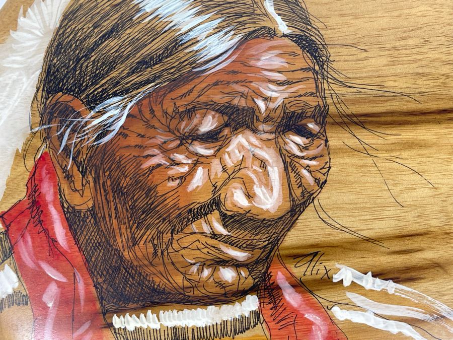 Vintage Original Native American Painting Of Black Belly Cheyenne On Oregon Myrtlewood Round Plaque 8R [Photo 3]