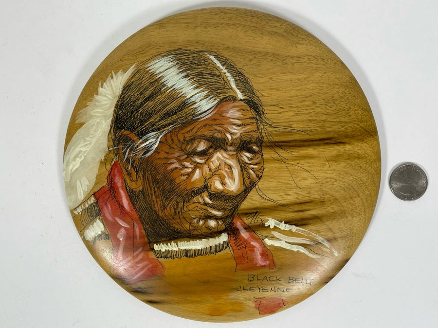 Vintage Original Native American Painting Of Black Belly Cheyenne On Oregon Myrtlewood Round Plaque 8R [Photo 1]