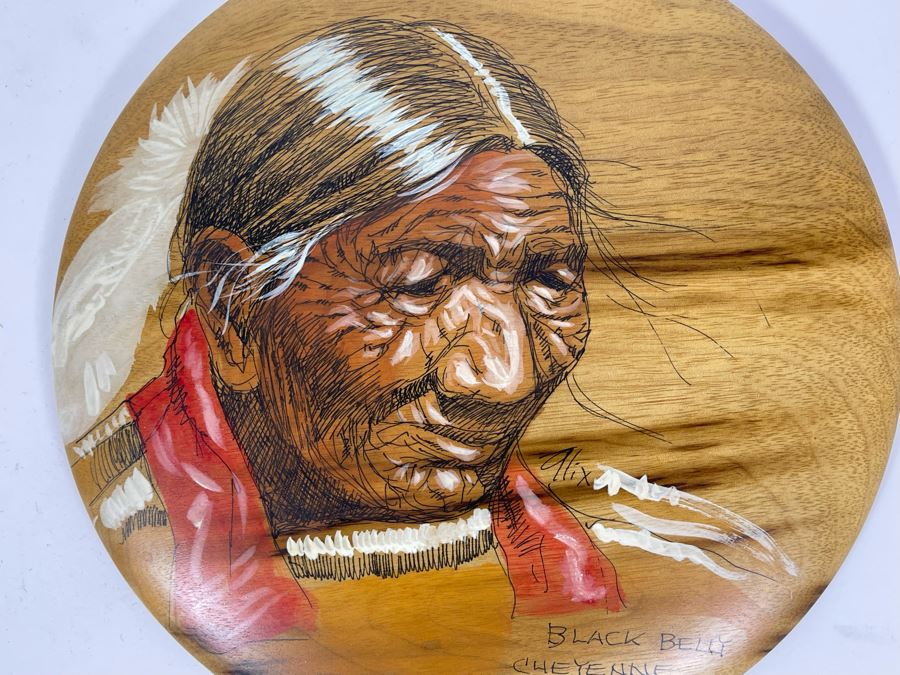 Vintage Original Native American Painting Of Black Belly Cheyenne On Oregon Myrtlewood Round Plaque 8R [Photo 2]