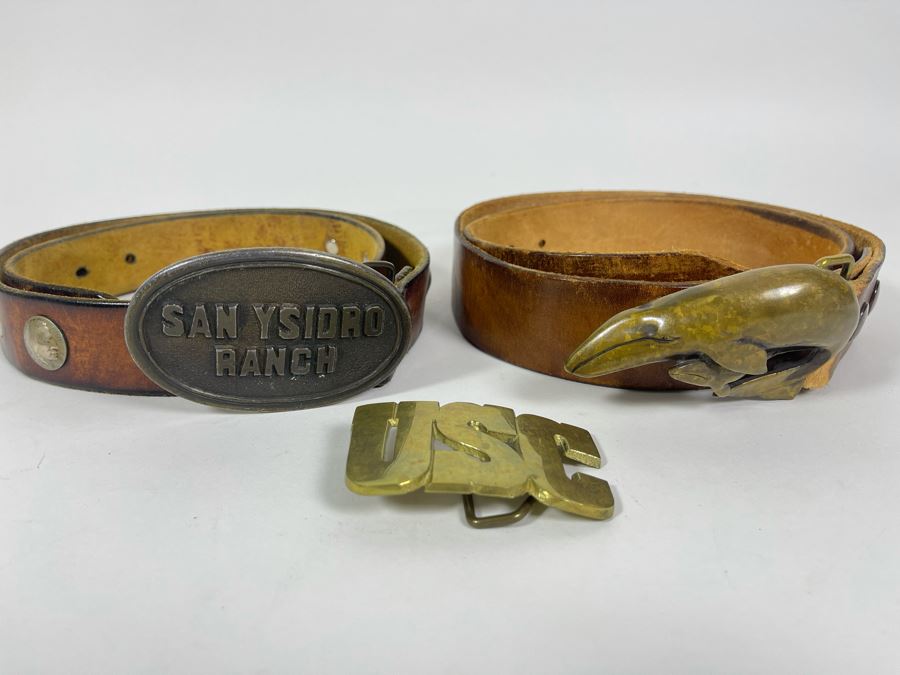 Brass Belt Buckles And Leather Belts (Size 36-38): USC, San Ysidro Ranch By Mastercraft, Whales 1978 By John A. L. Osborn