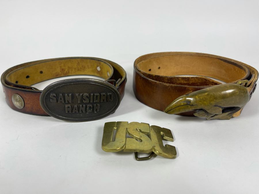 Brass Belt Buckles And Leather Belts (Size 36-38): USC, San Ysidro Ranch By Mastercraft, Whales 1978 By John A. L. Osborn [Photo 3]