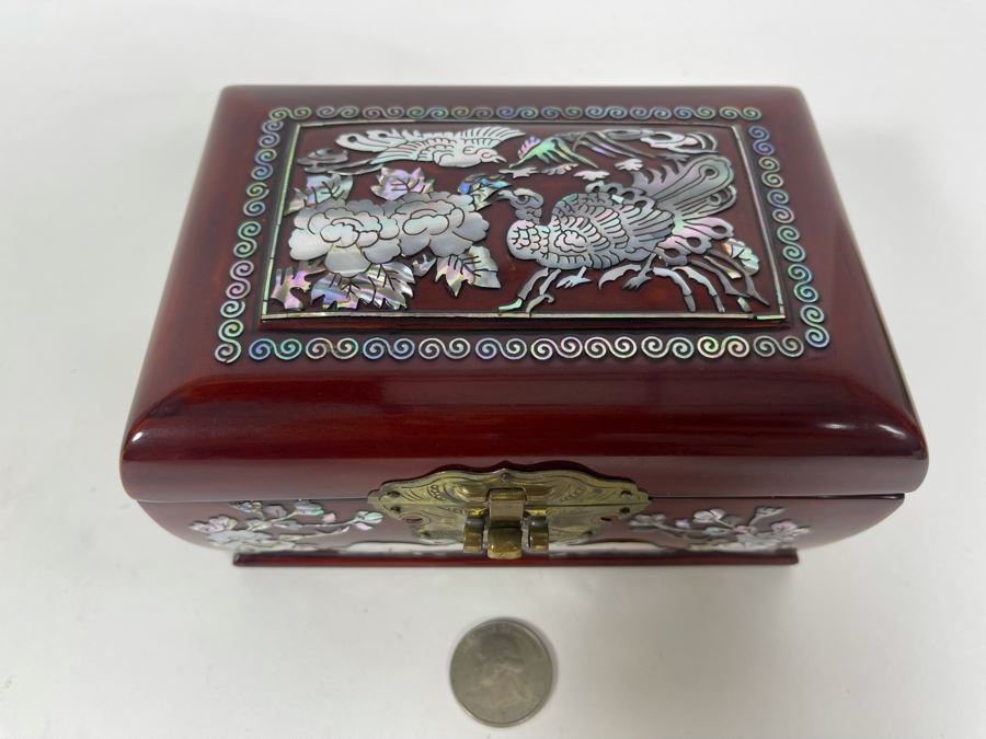 Vintage Chinese Mother Of Pearl Inlay Wooden Lacquer Box 6W X 4.25D X 3H