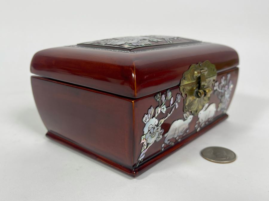 Vintage Chinese Mother Of Pearl Inlay Wooden Lacquer Box 6W X 4.25D X 3H [Photo 6]