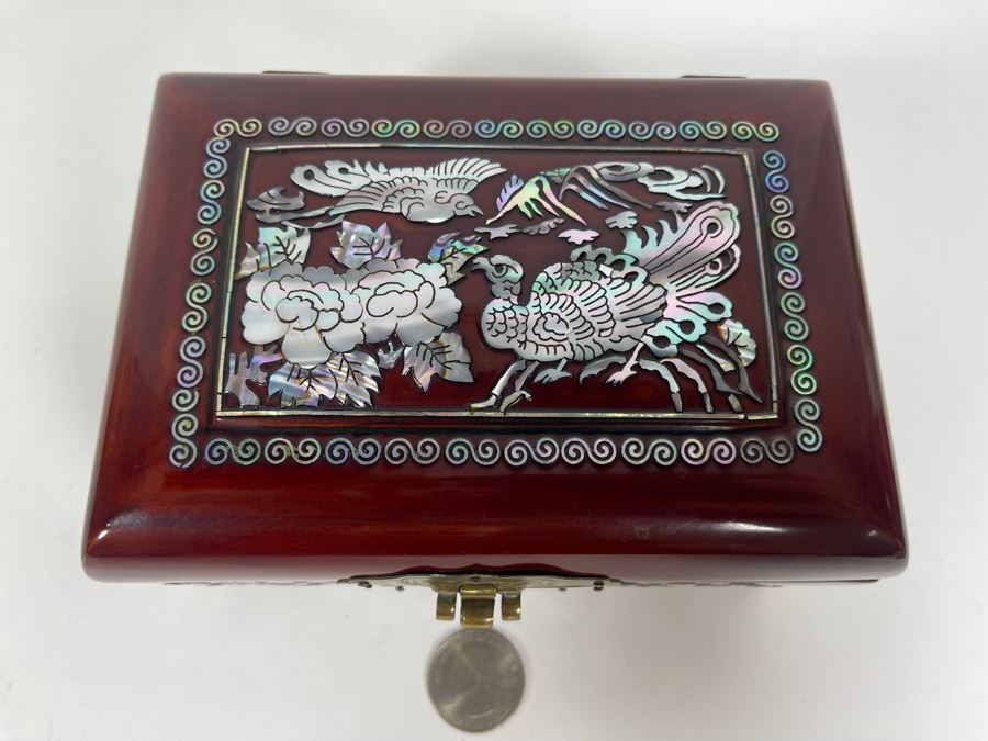 Vintage Chinese Mother Of Pearl Inlay Wooden Lacquer Box 6W X 4.25D X 3H [Photo 2]