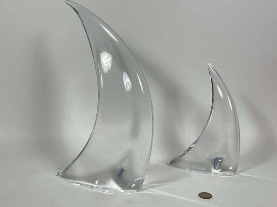 Pair Of Signed Marcolin Swedish Modern Art Crystal Sculptures 15H And 9.5H (See Photos For Several Chips On Base Of Each Sculpture) [Photo 7]