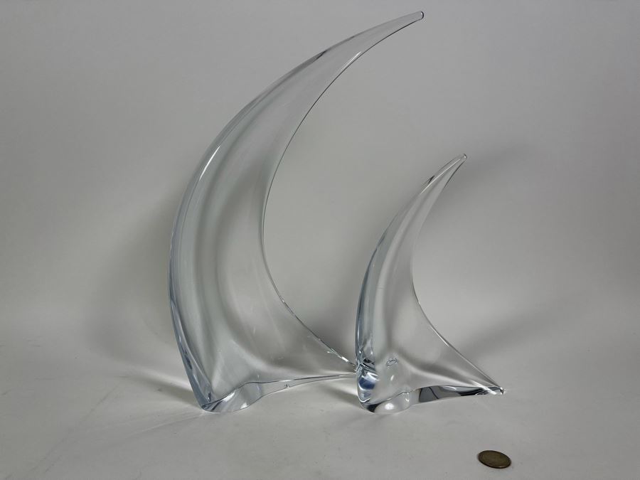 Pair Of Signed Marcolin Swedish Modern Art Crystal Sculptures 15H And 9.5H (See Photos For Several Chips On Base Of Each Sculpture)