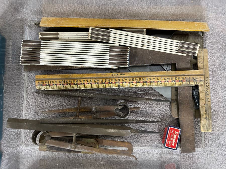 Tool Lot Featuring Skil 1/4' Electric Drill, Various Drill Bits And Screwdriver Bits, Metal Files, Rulers And Pair Of Micrometers - See Photos [Photo 6]