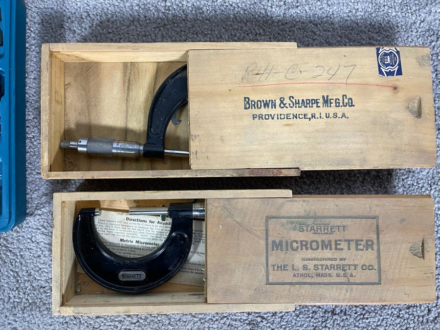 Tool Lot Featuring Skil 1/4' Electric Drill, Various Drill Bits And Screwdriver Bits, Metal Files, Rulers And Pair Of Micrometers - See Photos [Photo 5]