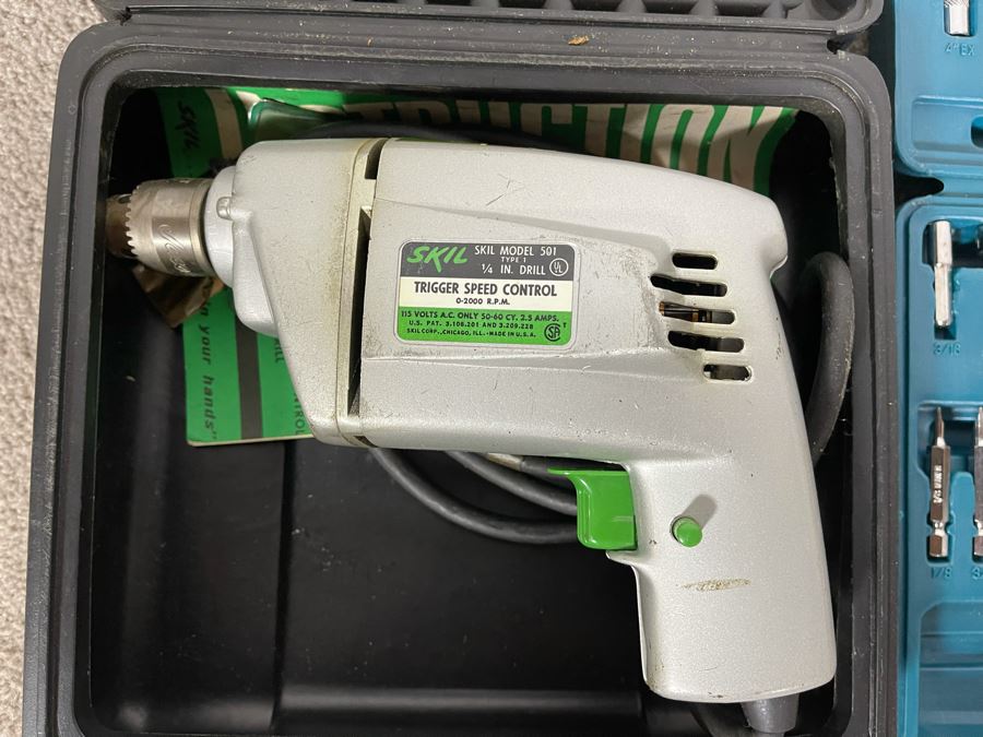 Tool Lot Featuring Skil 1/4' Electric Drill, Various Drill Bits And Screwdriver Bits, Metal Files, Rulers And Pair Of Micrometers - See Photos [Photo 3]