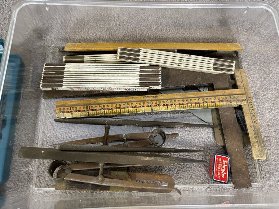 Tool Lot Featuring Skil 1/4' Electric Drill, Various Drill Bits And Screwdriver Bits, Metal Files, Rulers And Pair Of Micrometers - See Photos [Photo 7]