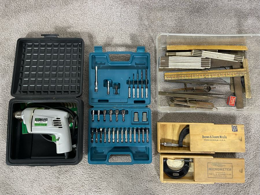 Tool Lot Featuring Skil 1/4' Electric Drill, Various Drill Bits And Screwdriver Bits, Metal Files, Rulers And Pair Of Micrometers - See Photos [Photo 2]