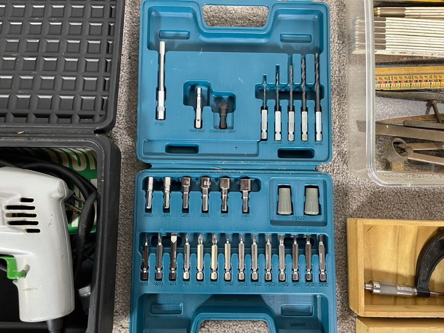 Tool Lot Featuring Skil 1/4' Electric Drill, Various Drill Bits And Screwdriver Bits, Metal Files, Rulers And Pair Of Micrometers - See Photos [Photo 4]