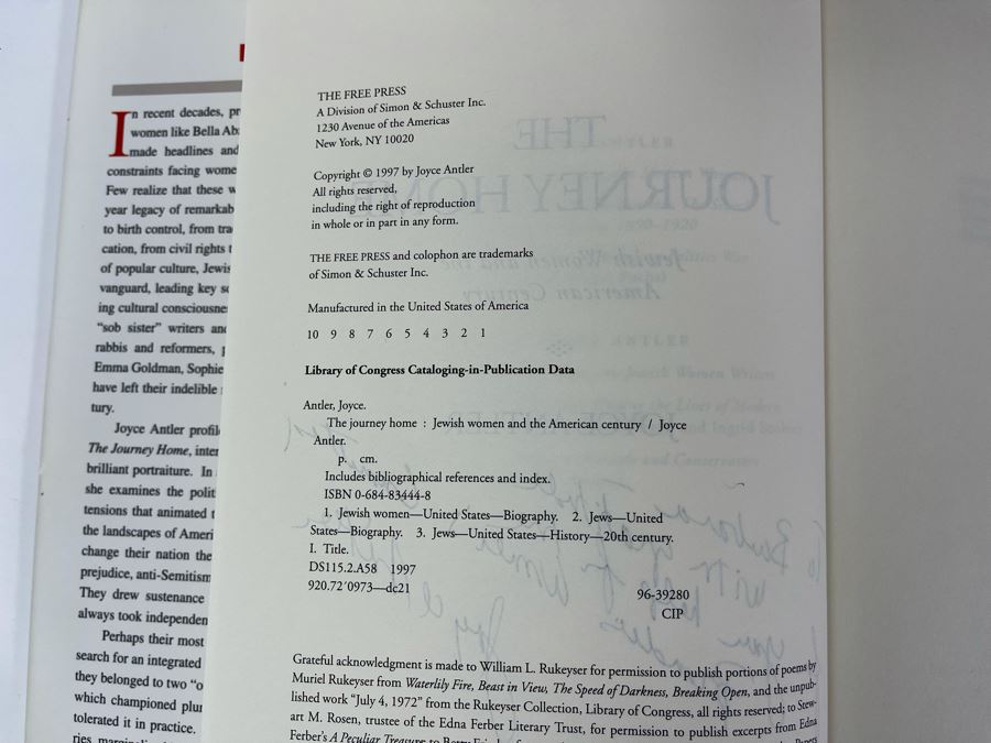 Signed Book The Journey Home: Jewish Women And The American Century By Joyce Antler [Photo 6]