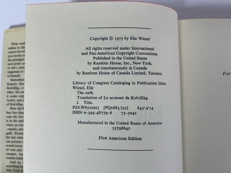 Signed First American Edition Book The Oath By Elie Wiesel [Photo 4]