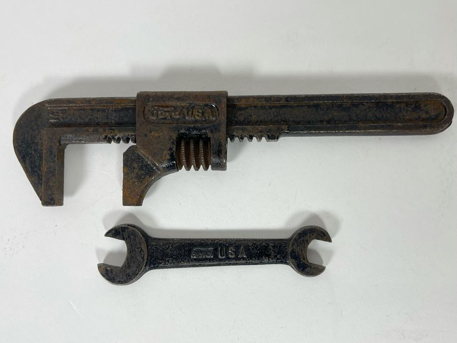 Pair Of Antique Ford Motor Company Tools Adjustable Wrench Marked Ford 8L & Wrench Marked Ford