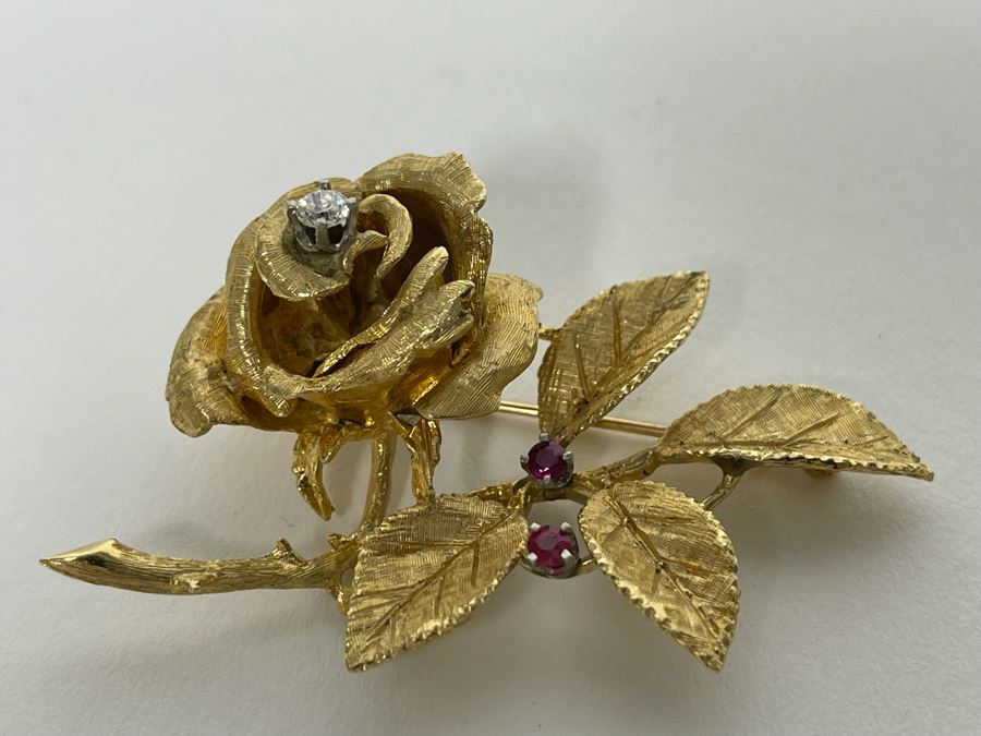 14K Gold Large Rose Brooch Pin With Stones 16.9g (Apx $600 Melt Value) [Photo 7]
