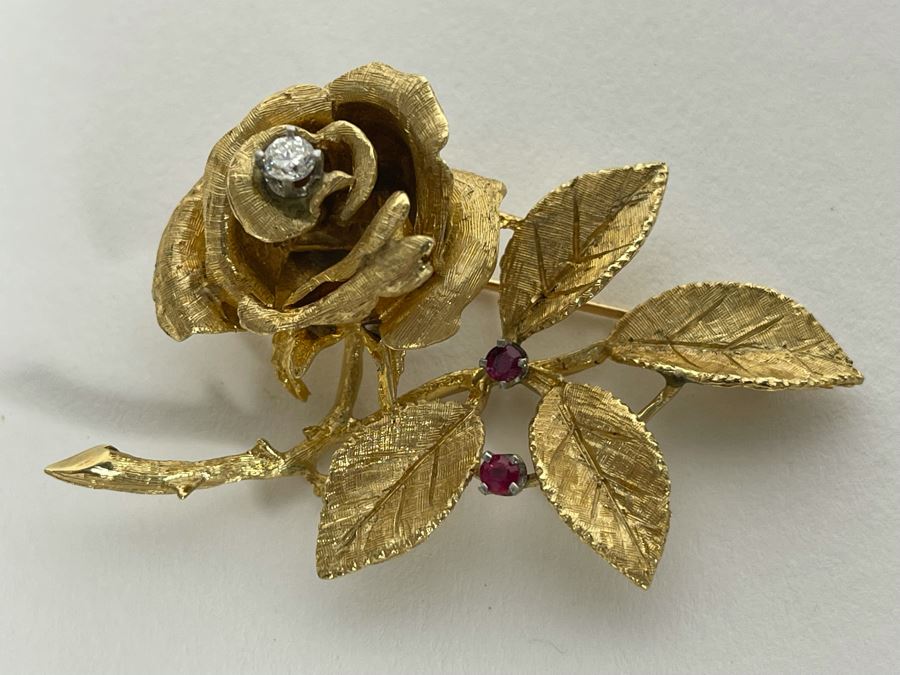 14K Gold Large Rose Brooch Pin With Stones 16.9g (Apx $600 Melt Value) [Photo 10]