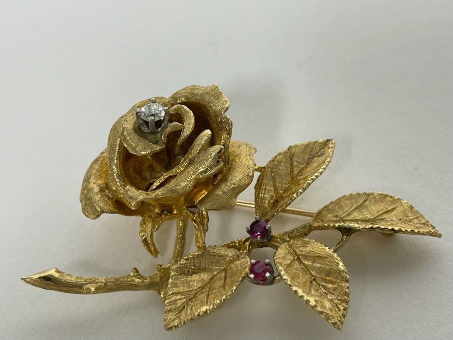 14K Gold Large Rose Brooch Pin With Stones 16.9g (Apx $600 Melt Value) [Photo 8]