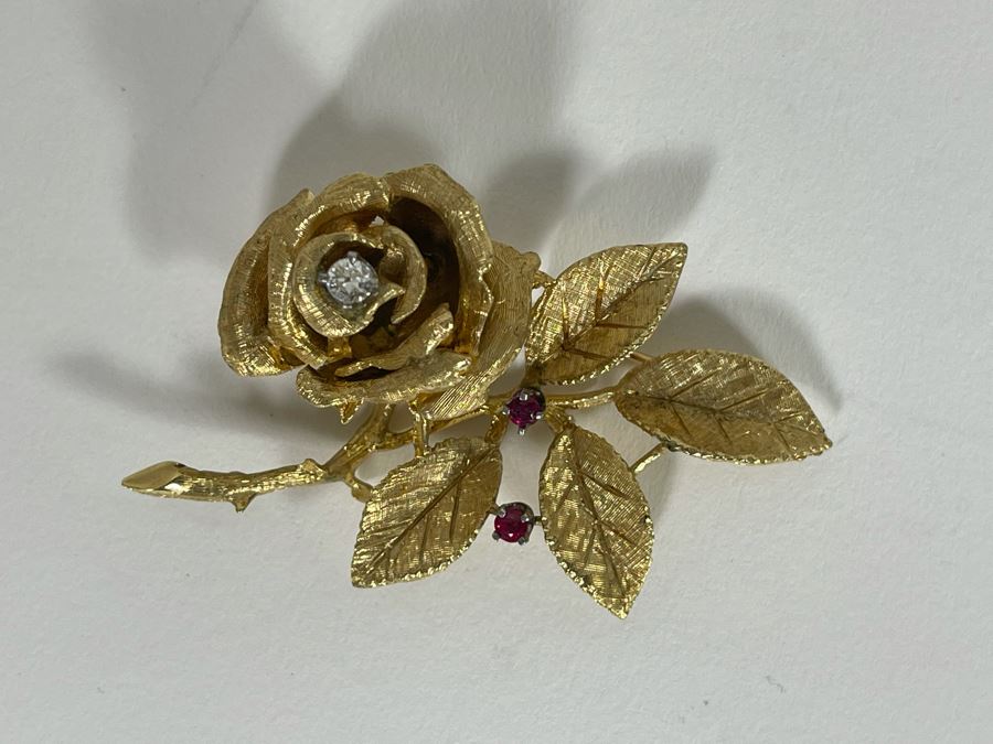 14K Gold Large Rose Brooch Pin With Stones 16.9g (Apx $600 Melt Value) [Photo 4]