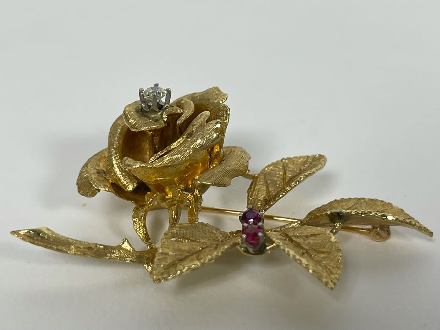 14K Gold Large Rose Brooch Pin With Stones 16.9g (Apx $600 Melt Value) [Photo 11]