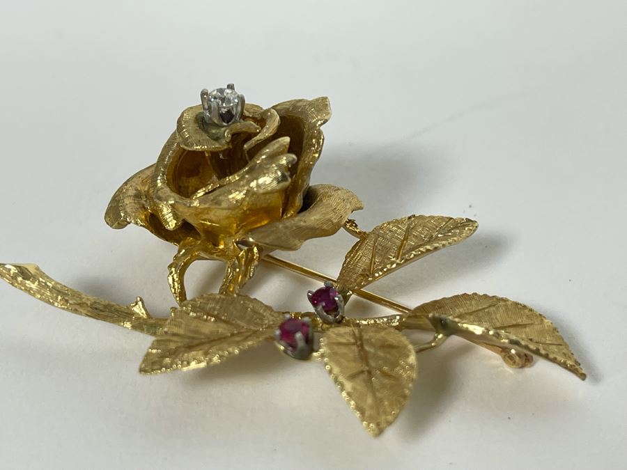 14K Gold Large Rose Brooch Pin With Stones 16.9g (Apx $600 Melt Value) [Photo 27]