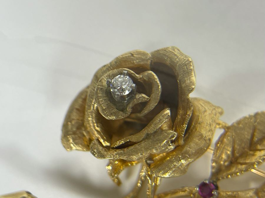 14K Gold Large Rose Brooch Pin With Stones 16.9g (Apx $600 Melt Value) [Photo 29]