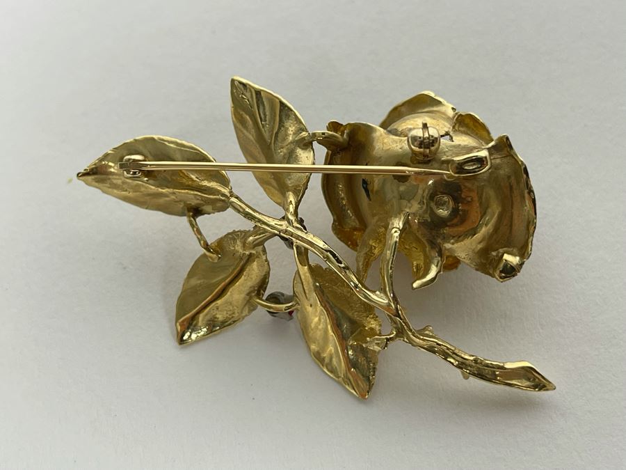 14K Gold Large Rose Brooch Pin With Stones 16.9g (Apx $600 Melt Value) [Photo 14]