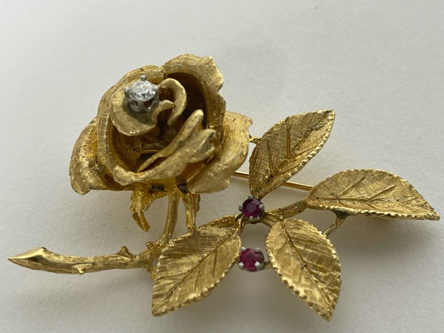 14K Gold Large Rose Brooch Pin With Stones 16.9g (Apx $600 Melt Value) [Photo 9]
