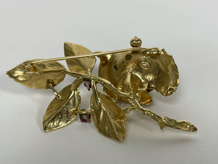 14K Gold Large Rose Brooch Pin With Stones 16.9g (Apx $600 Melt Value) [Photo 16]
