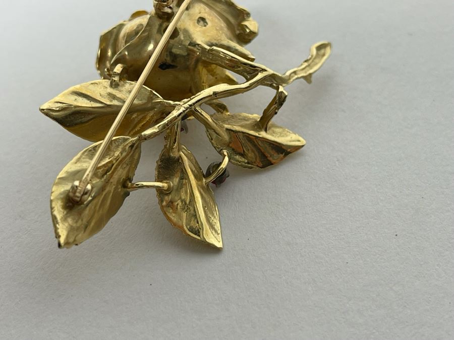 14K Gold Large Rose Brooch Pin With Stones 16.9g (Apx $600 Melt Value) [Photo 17]