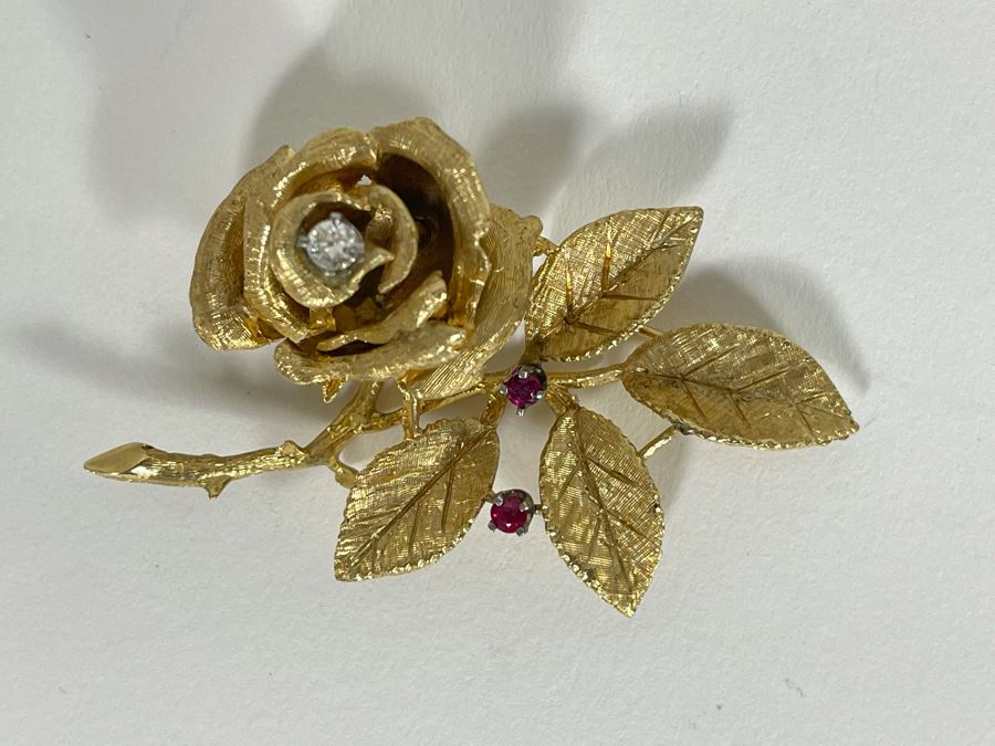 14K Gold Large Rose Brooch Pin With Stones 16.9g (Apx $600 Melt Value) [Photo 2]