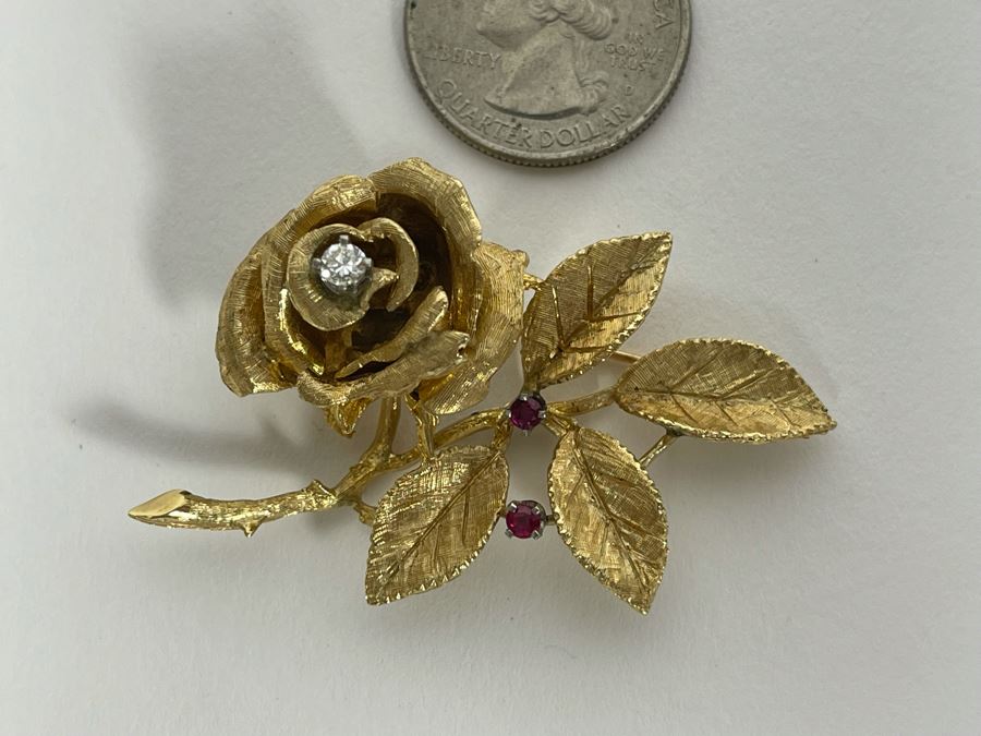 14K Gold Large Rose Brooch Pin With Stones 16.9g (Apx $600 Melt Value)