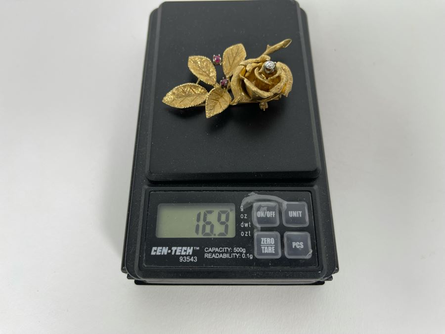 14K Gold Large Rose Brooch Pin With Stones 16.9g (Apx $600 Melt Value) [Photo 23]