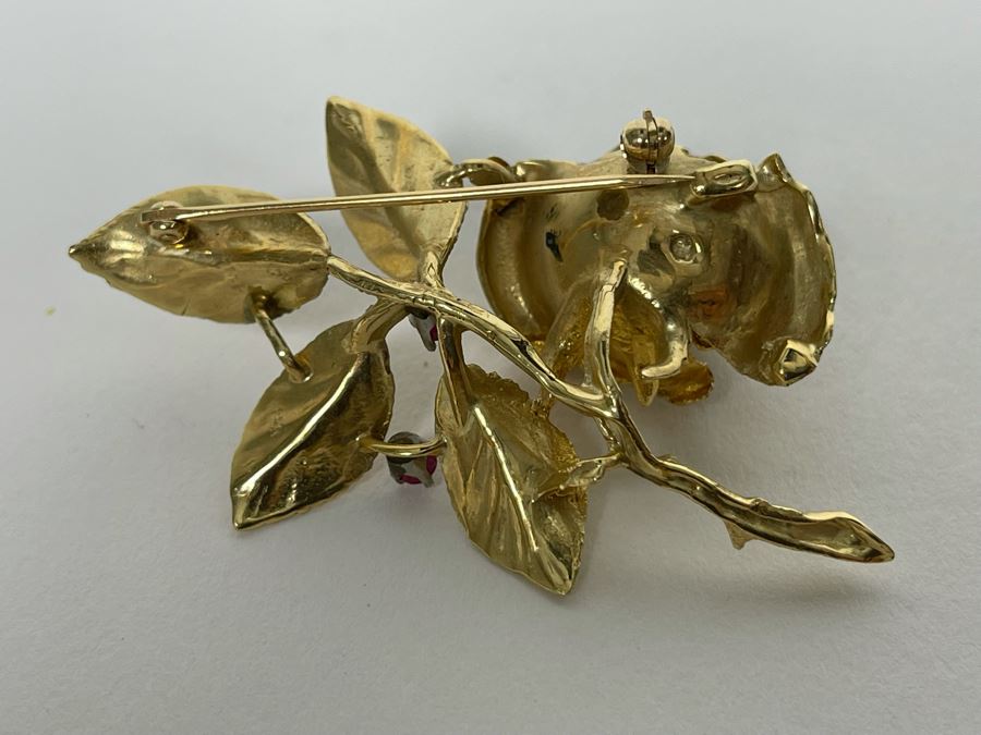 14K Gold Large Rose Brooch Pin With Stones 16.9g (Apx $600 Melt Value) [Photo 15]