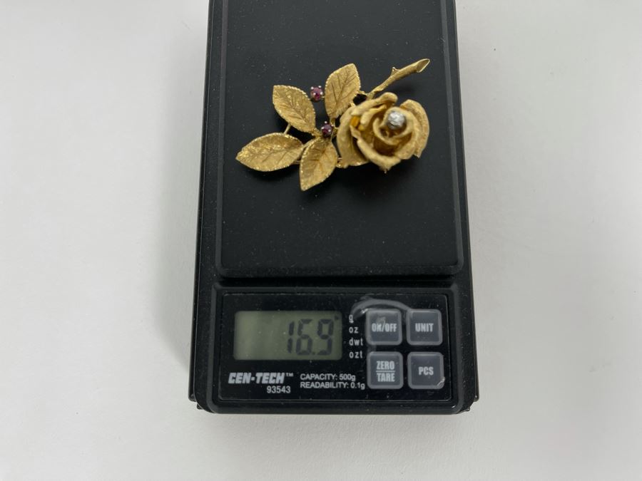 14K Gold Large Rose Brooch Pin With Stones 16.9g (Apx $600 Melt Value) [Photo 22]