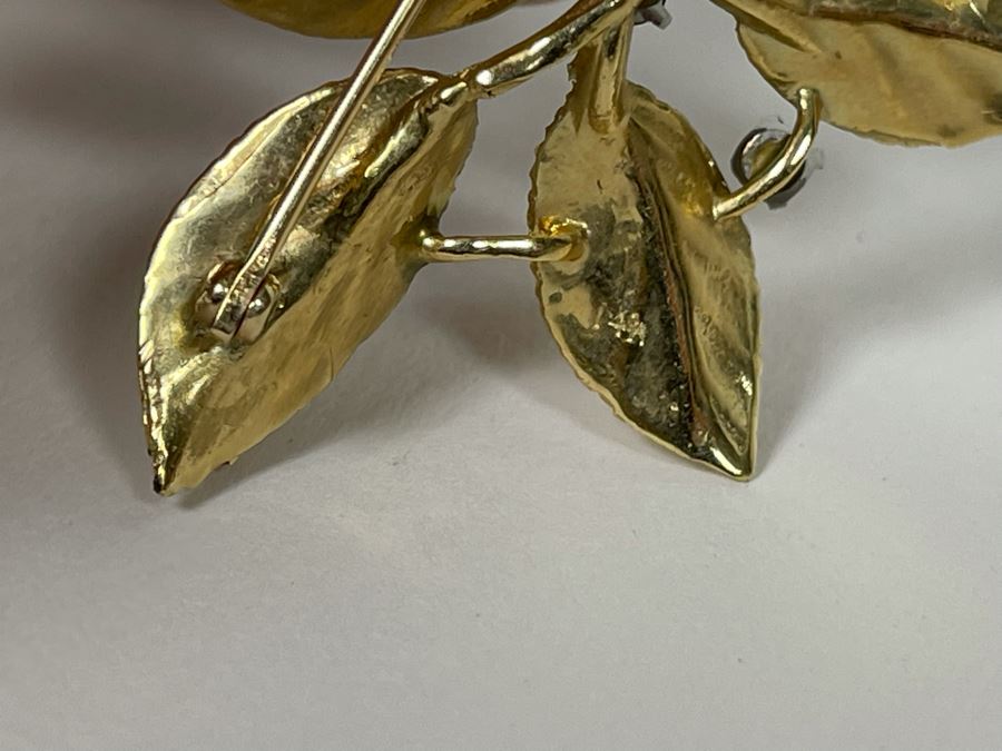 14K Gold Large Rose Brooch Pin With Stones 16.9g (Apx $600 Melt Value) [Photo 21]