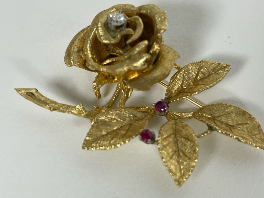 14K Gold Large Rose Brooch Pin With Stones 16.9g (Apx $600 Melt Value) [Photo 28]
