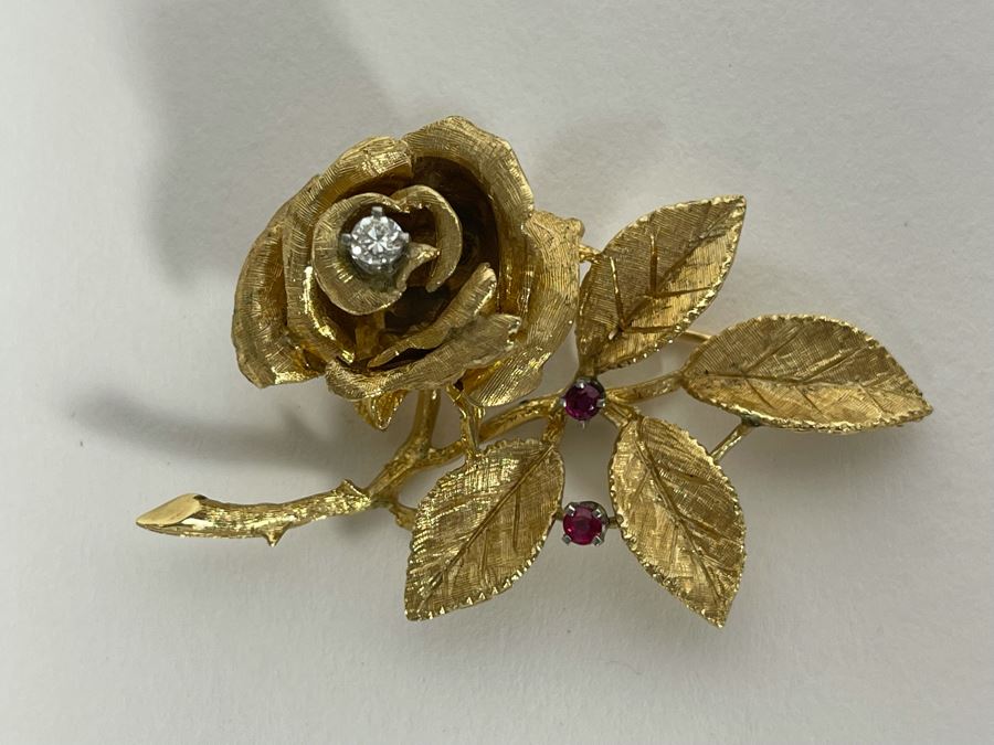 14K Gold Large Rose Brooch Pin With Stones 16.9g (Apx $600 Melt Value) [Photo 6]