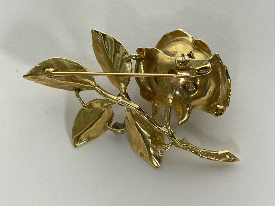 14K Gold Large Rose Brooch Pin With Stones 16.9g (Apx $600 Melt Value) [Photo 13]