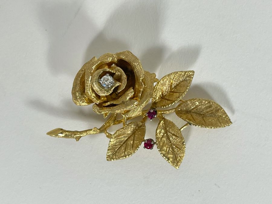 14K Gold Large Rose Brooch Pin With Stones 16.9g (Apx $600 Melt Value) [Photo 5]