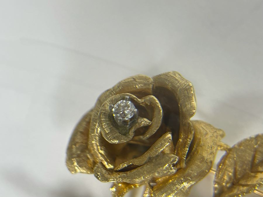 14K Gold Large Rose Brooch Pin With Stones 16.9g (Apx $600 Melt Value) [Photo 30]