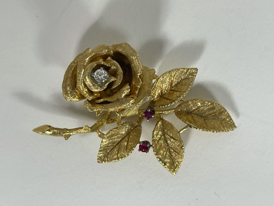 14K Gold Large Rose Brooch Pin With Stones 16.9g (Apx $600 Melt Value) [Photo 3]