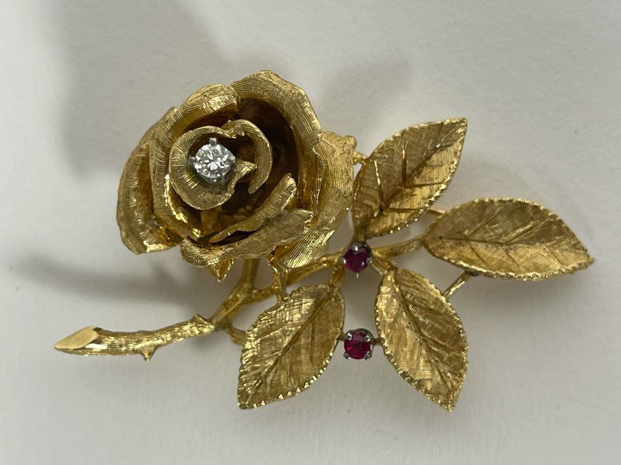 14K Gold Large Rose Brooch Pin With Stones 16.9g (Apx $600 Melt Value) [Photo 1]