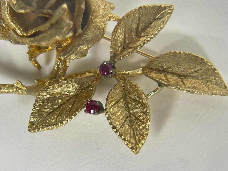 14K Gold Large Rose Brooch Pin With Stones 16.9g (Apx $600 Melt Value) [Photo 32]