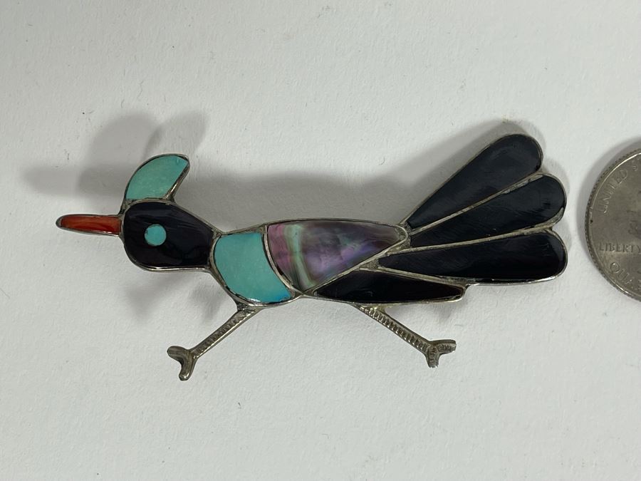 Vintage Sterling Silver Inlay Native American Roadrunner Brooch Pin 9.4g [Photo 3]